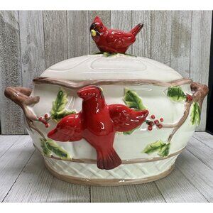Vtg Cardinal & Berries Serving Casserole Bowl Dish Holiday Ceramic 11.5"x8"x9"